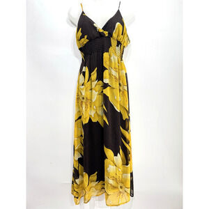 VTG She's Cool Boho Floral Chiffon Maxi Dress Sz M Brown Yellow Flowy Resort